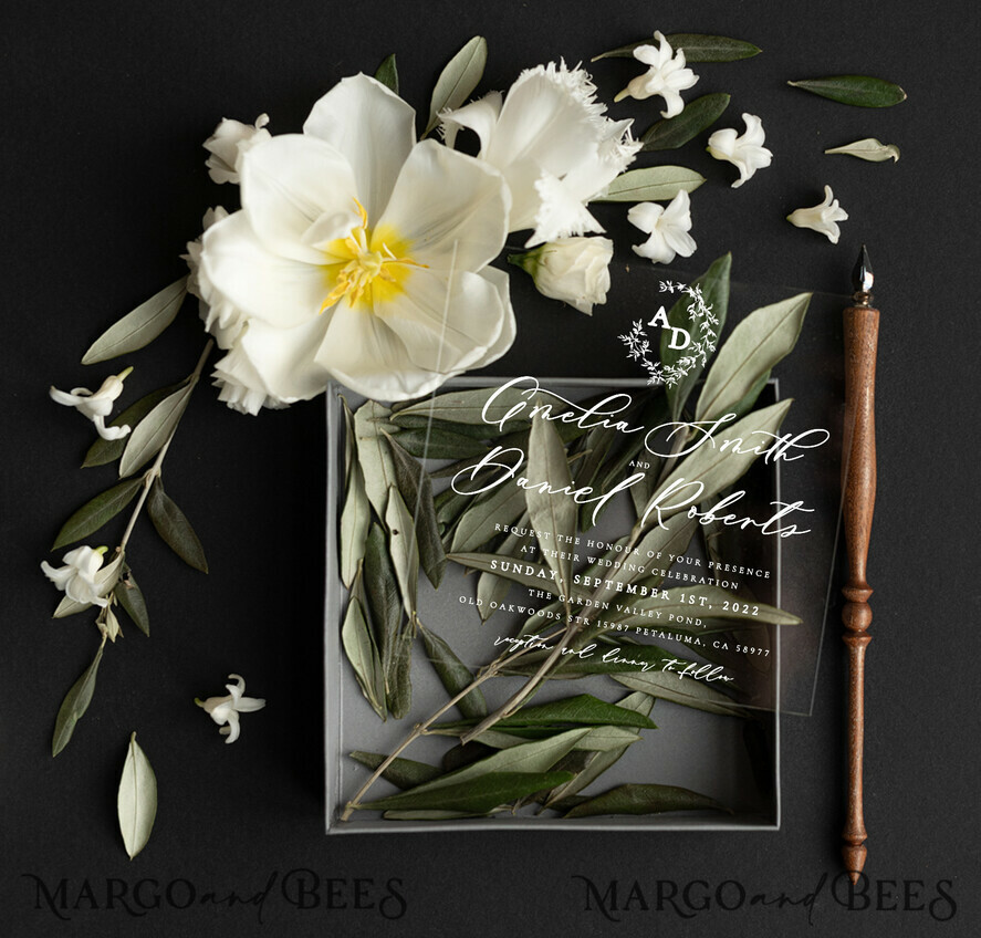 WEDDING INVITATIONS Elegant Invites Classic Cards Box Acrylic wedding Invitations, Tuscany Olive Wedding Invites in Box, Destination wedding Cards Plexi