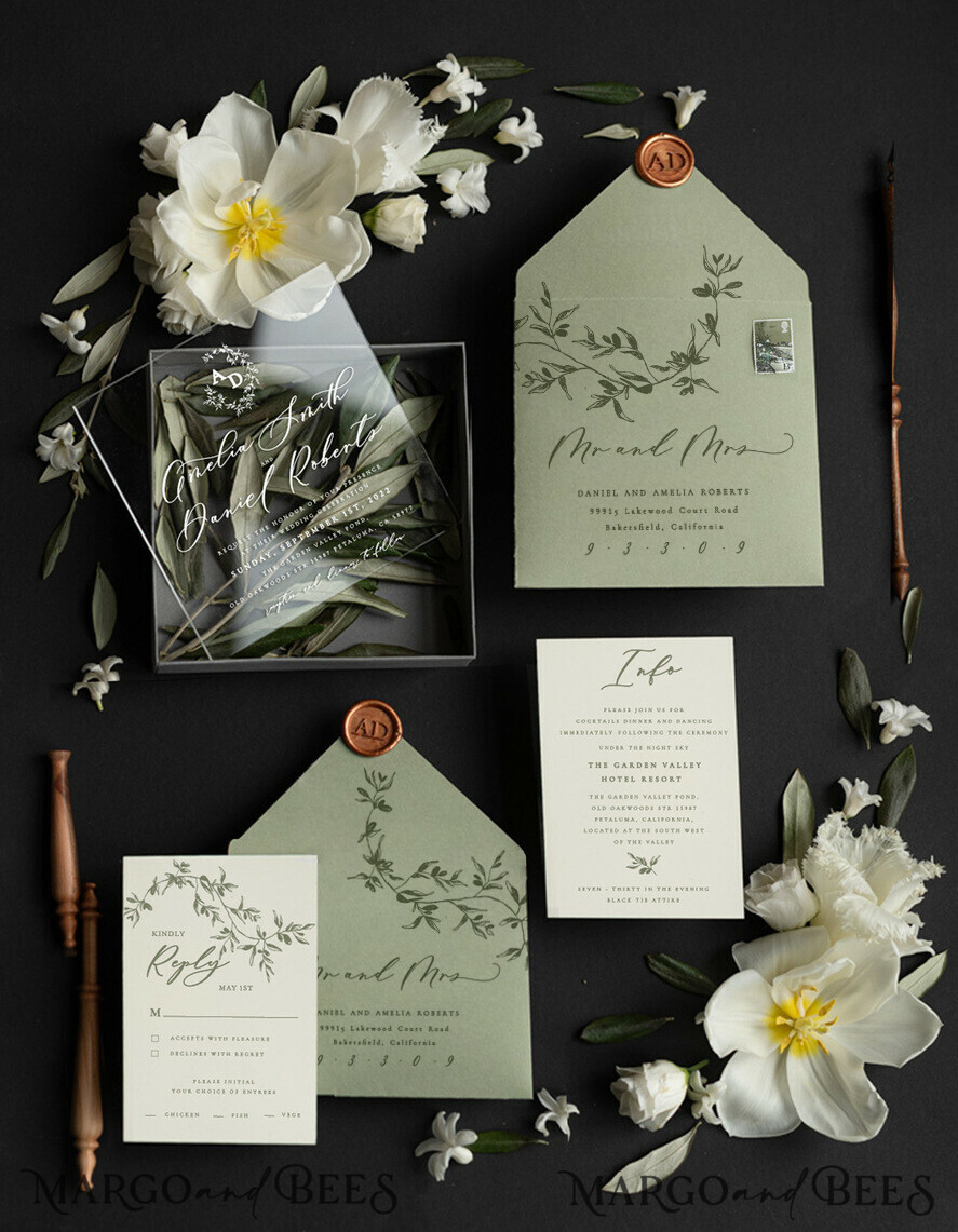 WEDDING INVITATIONS Elegant Invites Classic Cards Box Acrylic wedding Invitations, Tuscany Olive Wedding Invites in Box, Destination wedding Cards Plexi