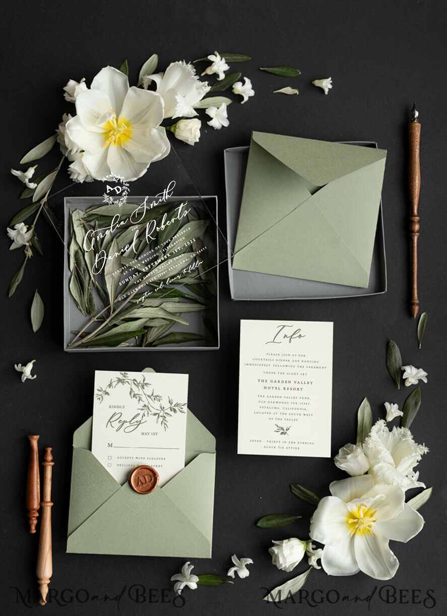 WEDDING INVITATIONS Elegant Invites Classic Cards Box Acrylic wedding Invitations, Tuscany Olive Wedding Invites in Box, Destination wedding Cards Plexi