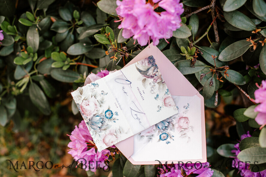 WEDDING INVITATIONS Elegant Invites Classic Cards Vintage Floral Wedding Invitations, Elegant Blush Pink Wedding Invites, Bespoke Watercolor Wedding Cards With Hand Dyed Ribbon, Handmade Wedding Stationery
