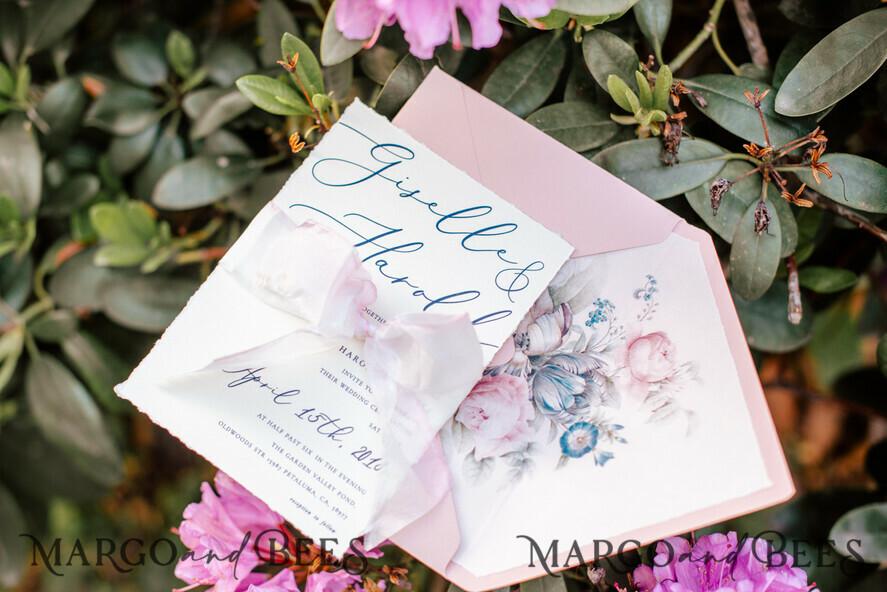 WEDDING INVITATIONS Elegant Invites Classic Cards Vintage Floral Wedding Invitations, Elegant Blush Pink Wedding Invites, Bespoke Watercolor Wedding Cards With Hand Dyed Ribbon, Handmade Wedding Stationery