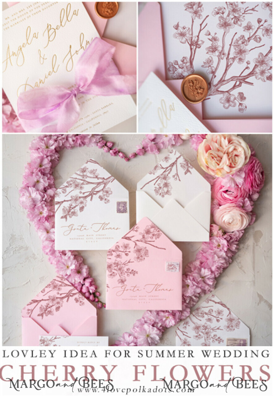 WEDDING INVITATIONS Elegant Invites Classic Cards Romantic Pink Wedding Invitations, Elegant Cherry Blossom Wedding Invites, Bespoke Pink Sakura Wedding Cards, Handmade Wedding Stationery