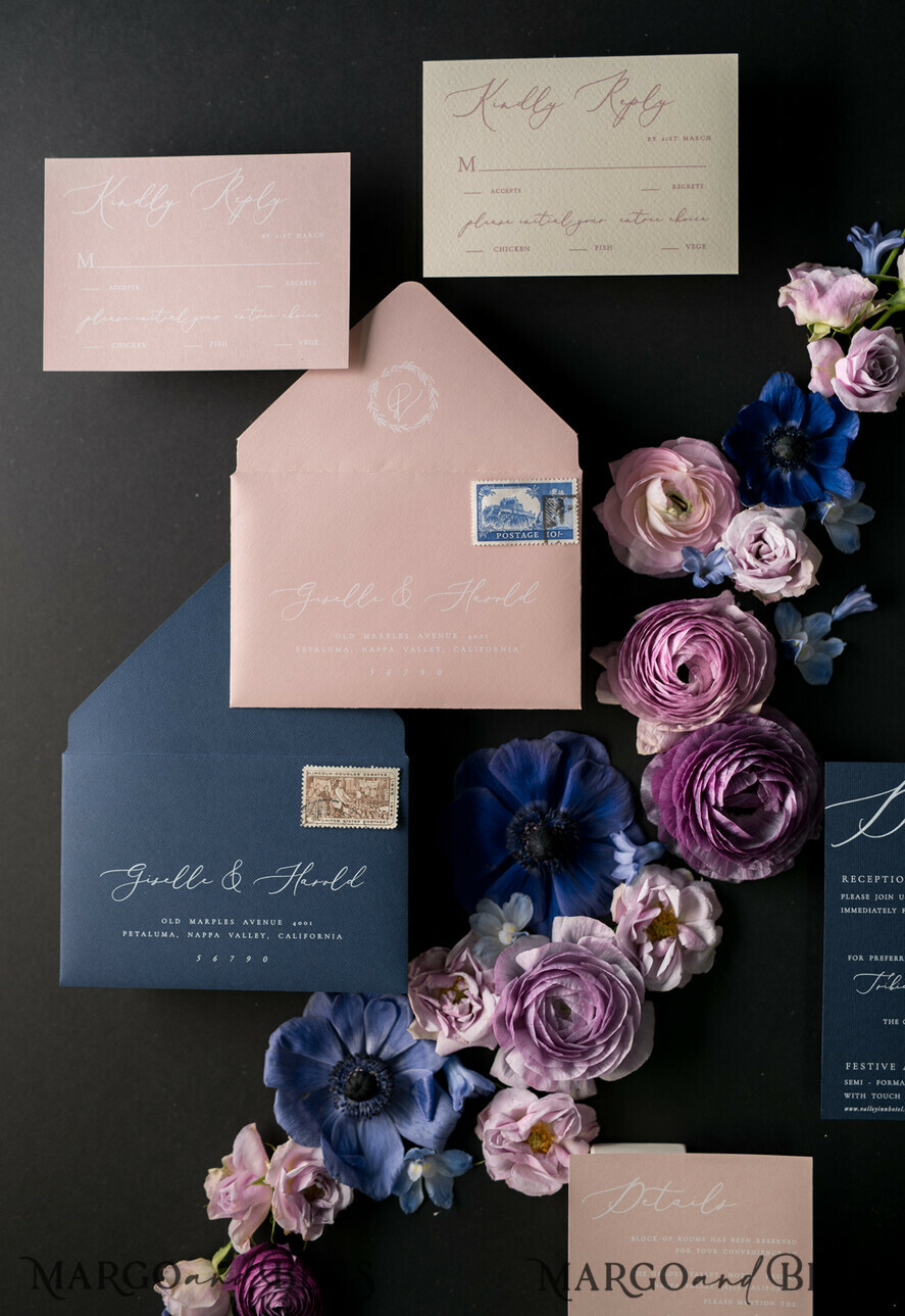 WEDDING INVITATIONS Elegant Invites Classic Cards Vintage Wedding Invitations Transparent Stationery with Vellum and Wax Seal Blush Pink or Navy Blue Envelope
