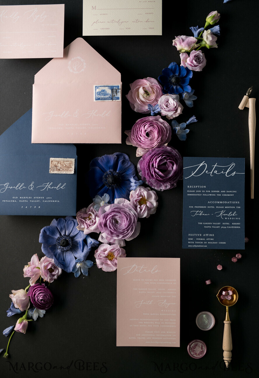 WEDDING INVITATIONS Elegant Invites Classic Cards Vintage Wedding Invitations Transparent Stationery with Vellum and Wax Seal Blush Pink or Navy Blue Envelope