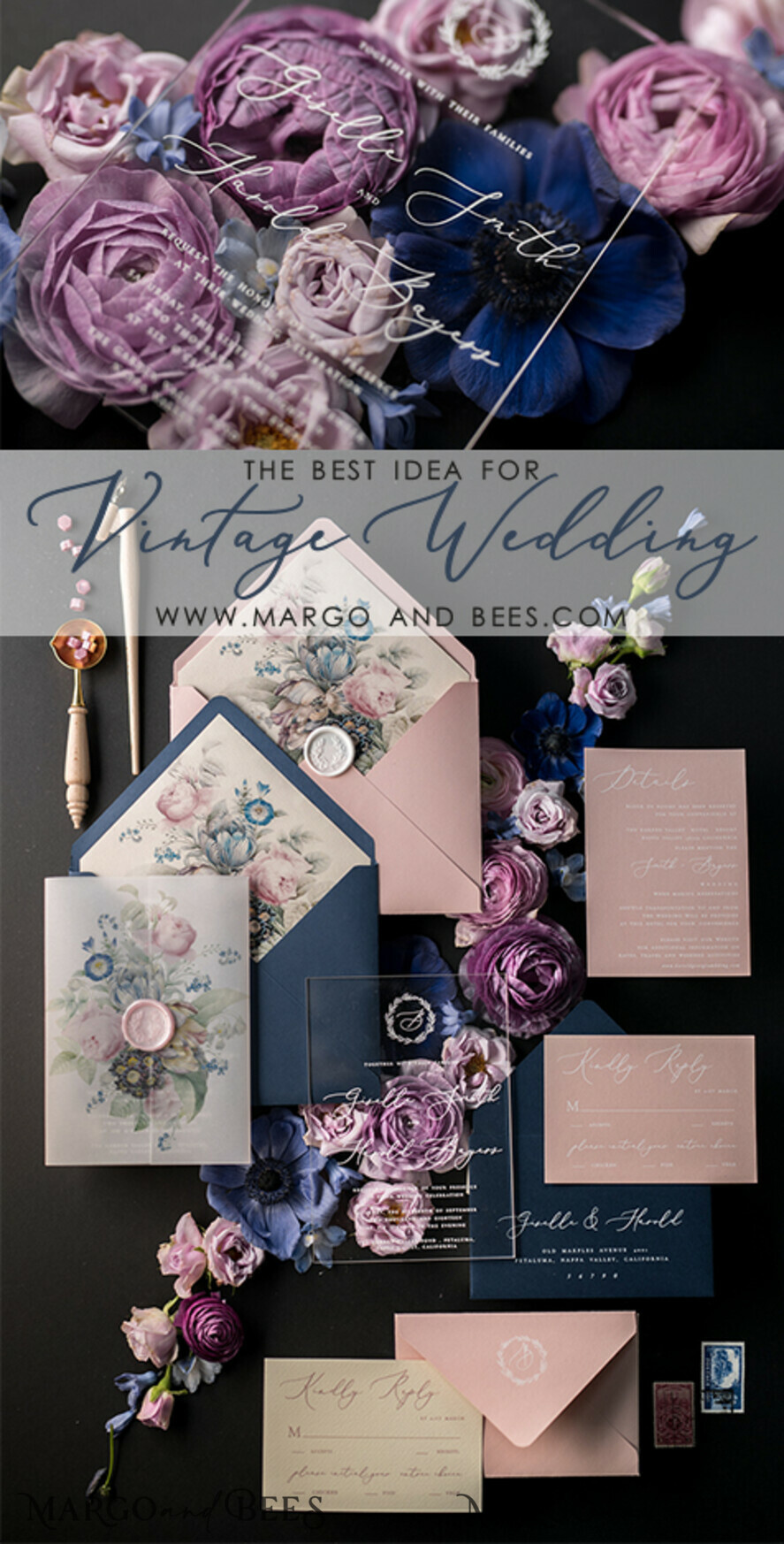 WEDDING INVITATIONS Elegant Invites Classic Cards Vintage Wedding Invitations Transparent Stationery with Vellum and Wax Seal Blush Pink or Navy Blue Envelope