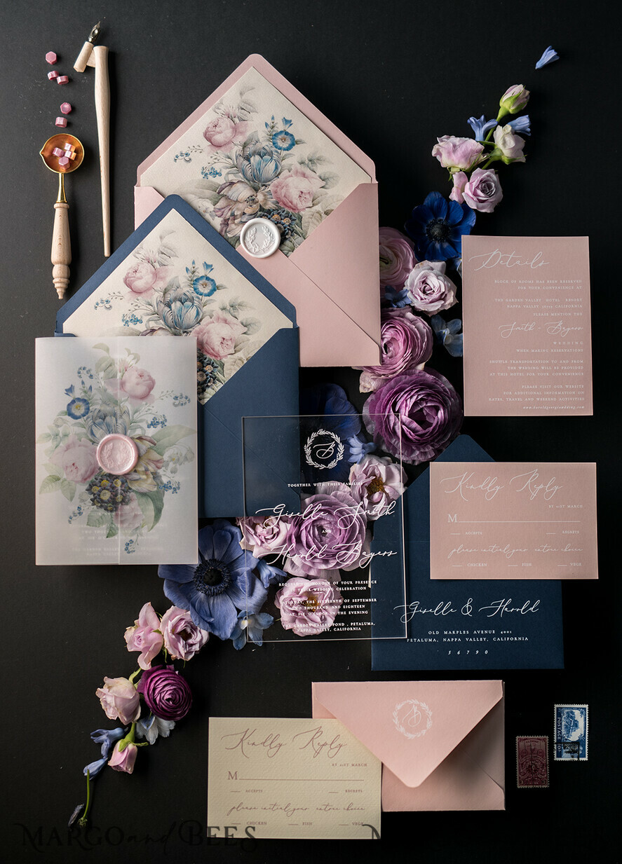 WEDDING INVITATIONS Elegant Invites Classic Cards Vintage Wedding Invitations Transparent Stationery with Vellum and Wax Seal Blush Pink or Navy Blue Envelope