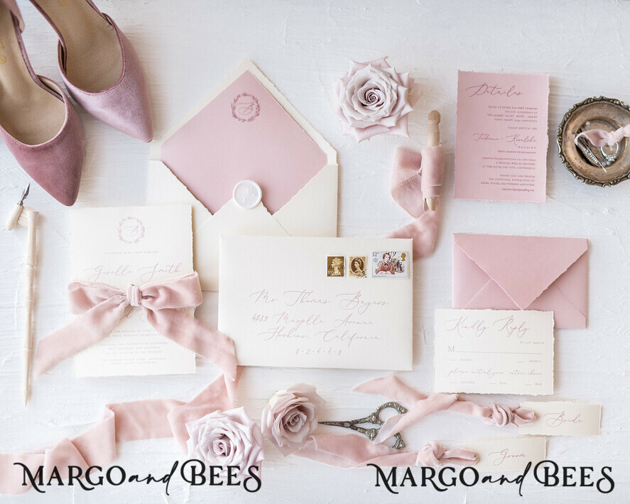 WEDDING INVITATIONS Elegant Invites Classic Cards Luxury Nude Wedding Invitations, Romantic Pink Wedding Invites With Velvet Ribbon, Minimalistic And Modern Wedding Invitation Suite, Handmade Wedding Stationery