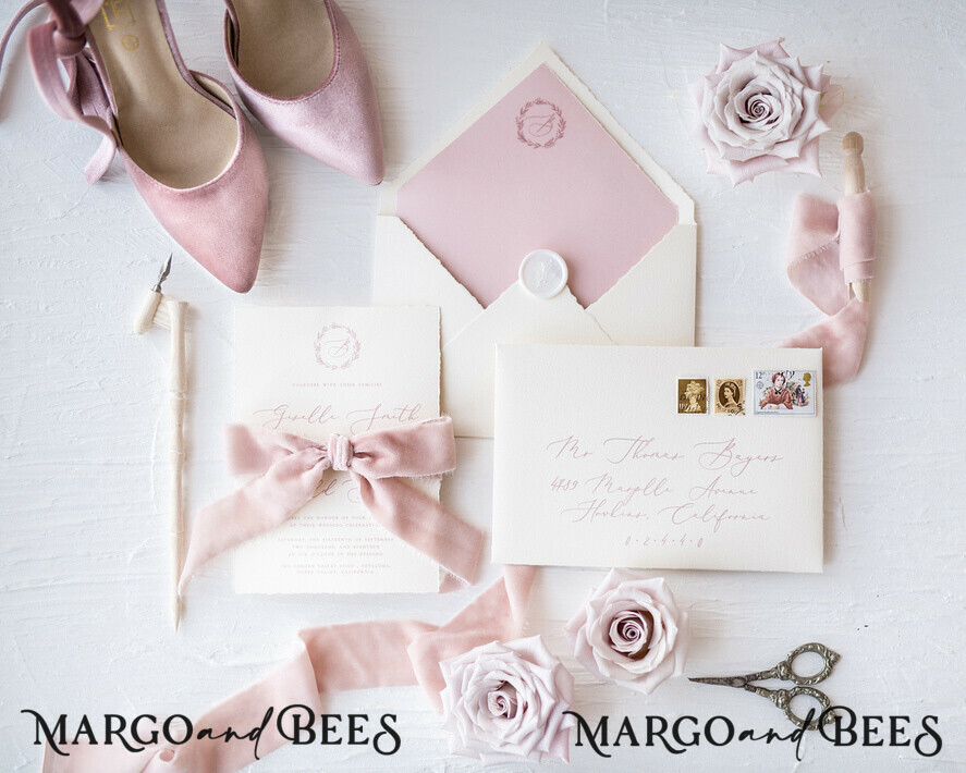 WEDDING INVITATIONS Elegant Invites Classic Cards Luxury Nude Wedding Invitations, Romantic Pink Wedding Invites With Velvet Ribbon, Minimalistic And Modern Wedding Invitation Suite, Handmade Wedding Stationery