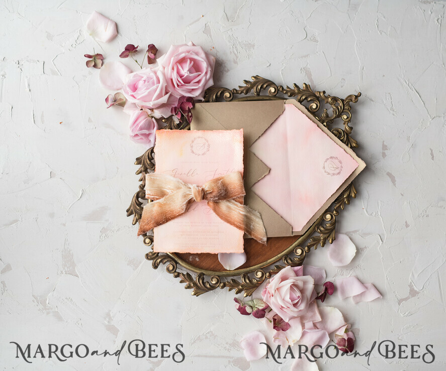 WEDDING INVITATIONS Elegant Invites Classic Cards HansPainted Wedding Invitations Fine Art BlushPink Stationery with HandMade Silk Bow and Wax Seal Gold Envelope