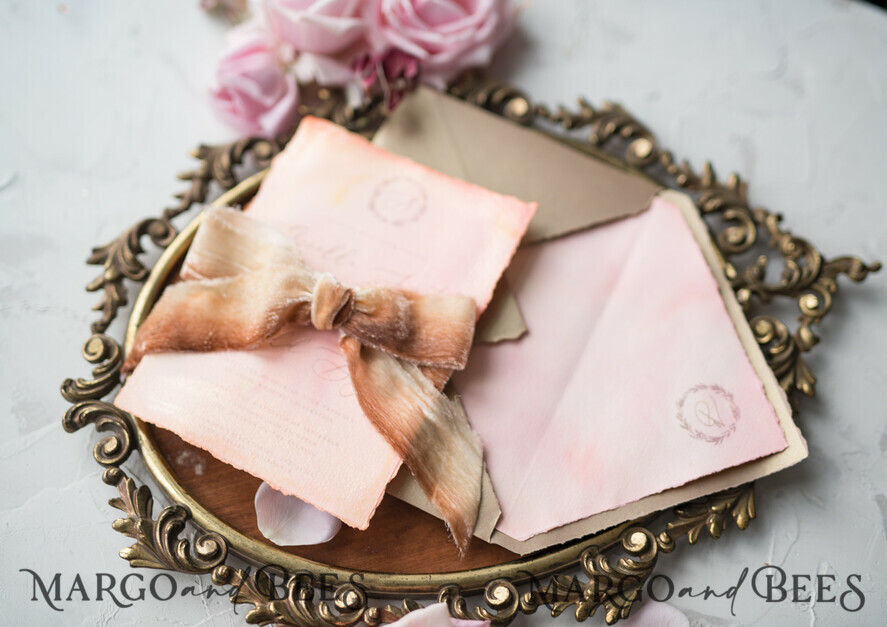 WEDDING INVITATIONS Elegant Invites Classic Cards HansPainted Wedding Invitations Fine Art BlushPink Stationery with HandMade Silk Bow and Wax Seal Gold Envelope