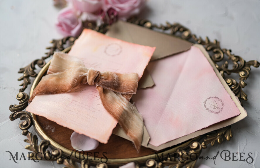 WEDDING INVITATIONS Elegant Invites Classic Cards HansPainted Wedding Invitations Fine Art BlushPink Stationery with HandMade Silk Bow and Wax Seal Gold Envelope