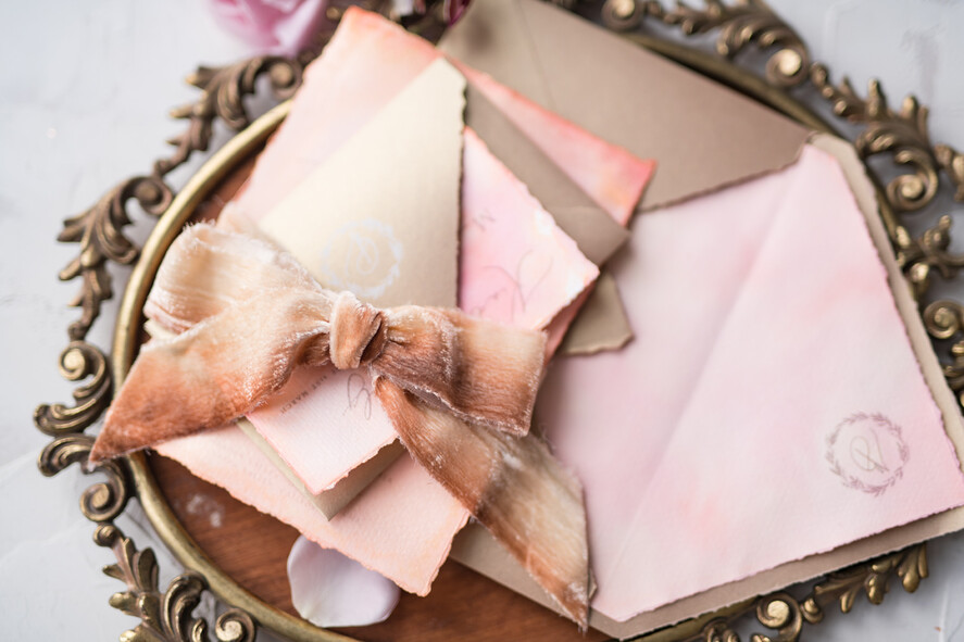 WEDDING INVITATIONS Elegant Invites Classic Cards HansPainted Wedding Invitations Fine Art BlushPink Stationery with HandMade Silk Bow and Wax Seal Gold Envelope