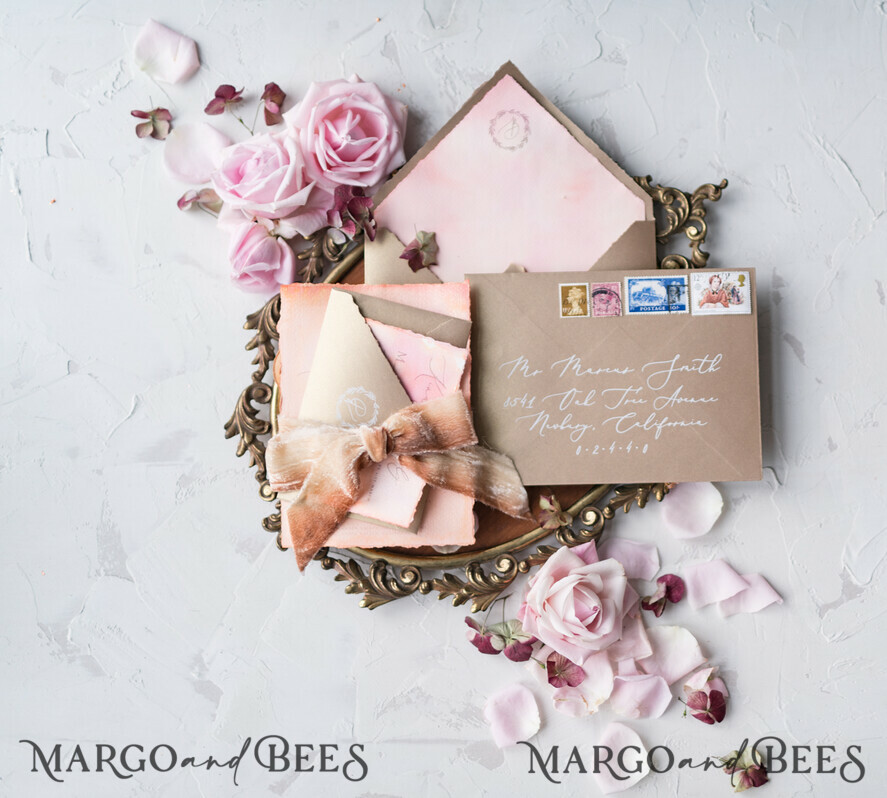 WEDDING INVITATIONS Elegant Invites Classic Cards HansPainted Wedding Invitations Fine Art BlushPink Stationery with HandMade Silk Bow and Wax Seal Gold Envelope