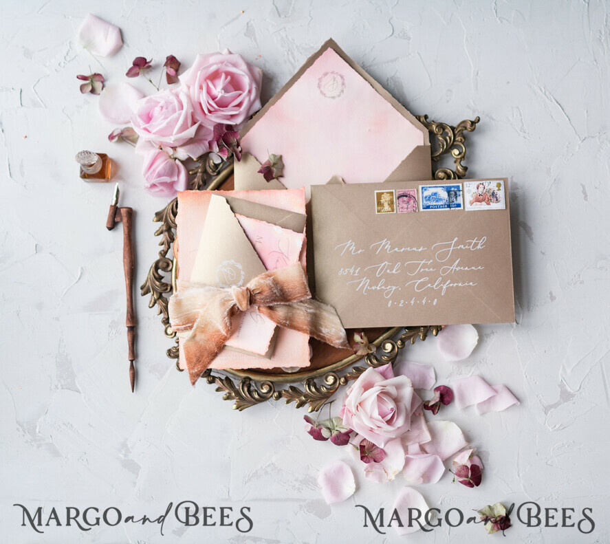 WEDDING INVITATIONS Elegant Invites Classic Cards HansPainted Wedding Invitations Fine Art BlushPink Stationery with HandMade Silk Bow and Wax Seal Gold Envelope