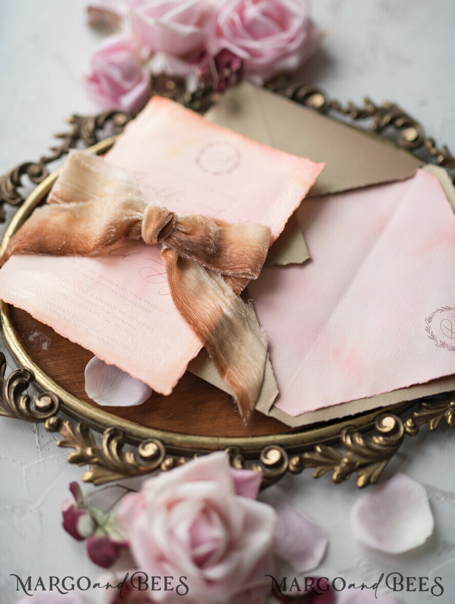 WEDDING INVITATIONS Elegant Invites Classic Cards HansPainted Wedding Invitations Fine Art BlushPink Stationery with HandMade Silk Bow and Wax Seal Gold Envelope
