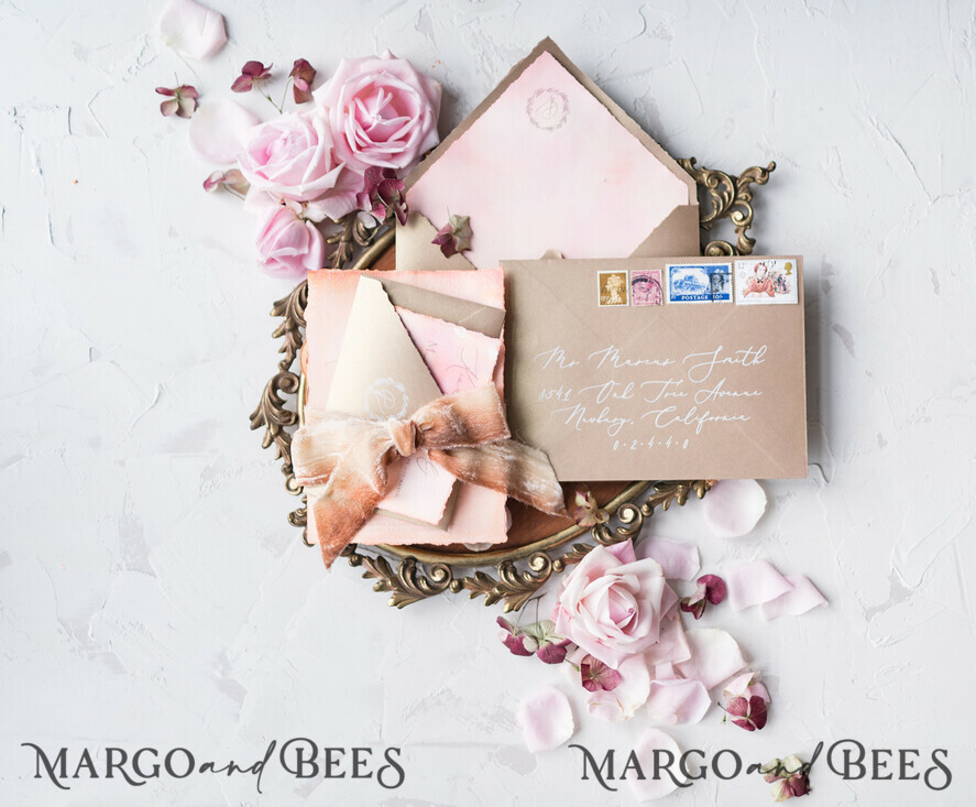 WEDDING INVITATIONS Elegant Invites Classic Cards HansPainted Wedding Invitations Fine Art BlushPink Stationery with HandMade Silk Bow and Wax Seal Gold Envelope