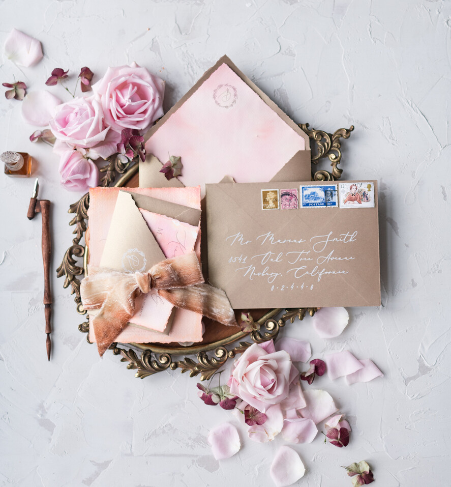 WEDDING INVITATIONS Elegant Invites Classic Cards HansPainted Wedding Invitations Fine Art BlushPink Stationery with HandMade Silk Bow and Wax Seal Gold Envelope