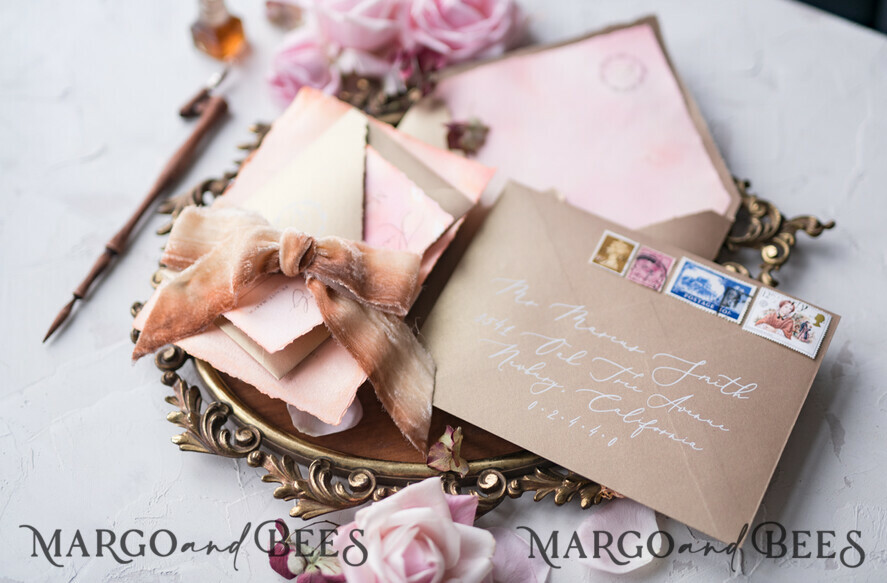 WEDDING INVITATIONS Elegant Invites Classic Cards HansPainted Wedding Invitations Fine Art BlushPink Stationery with HandMade Silk Bow and Wax Seal Gold Envelope