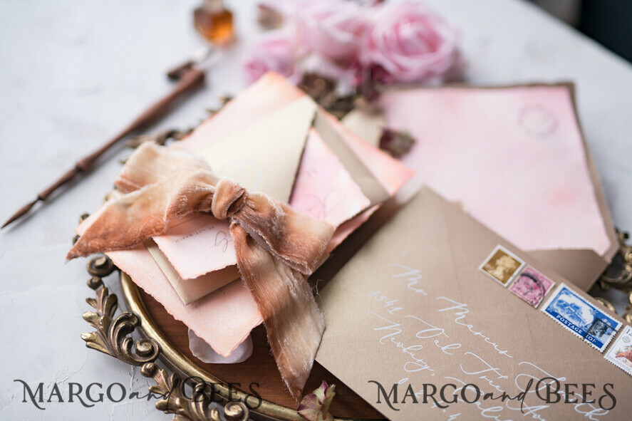 WEDDING INVITATIONS Elegant Invites Classic Cards HansPainted Wedding Invitations Fine Art BlushPink Stationery with HandMade Silk Bow and Wax Seal Gold Envelope