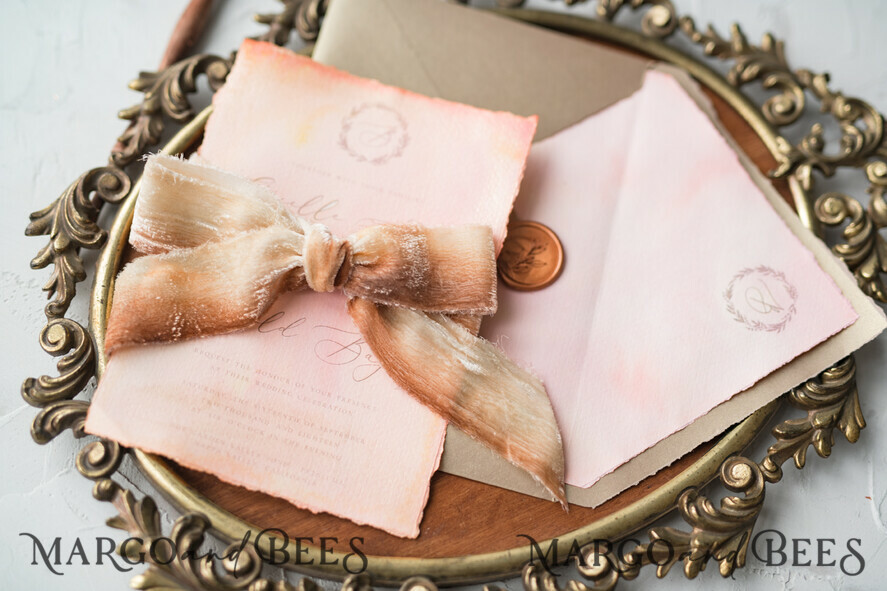 WEDDING INVITATIONS Elegant Invites Classic Cards HansPainted Wedding Invitations Fine Art BlushPink Stationery with HandMade Silk Bow and Wax Seal Gold Envelope
