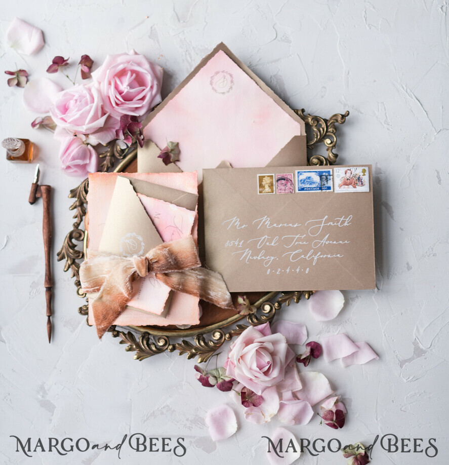 WEDDING INVITATIONS Elegant Invites Classic Cards HansPainted Wedding Invitations Fine Art BlushPink Stationery with HandMade Silk Bow and Wax Seal Gold Envelope