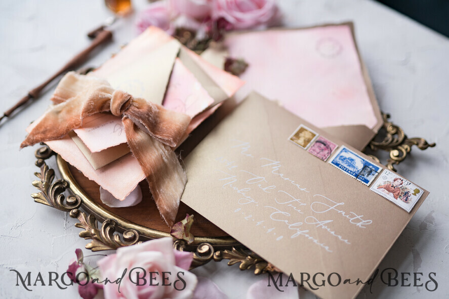WEDDING INVITATIONS Elegant Invites Classic Cards HansPainted Wedding Invitations Fine Art BlushPink Stationery with HandMade Silk Bow and Wax Seal Gold Envelope