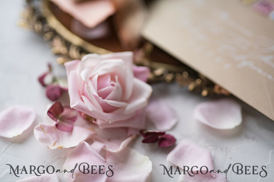 WEDDING INVITATIONS Elegant Invites Classic Cards HansPainted Wedding Invitations Fine Art BlushPink Stationery with HandMade Silk Bow and Wax Seal Gold Envelope