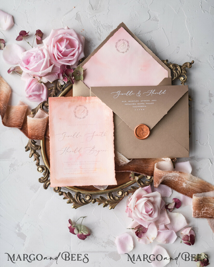 WEDDING INVITATIONS Elegant Invites Classic Cards HansPainted Wedding Invitations Fine Art BlushPink Stationery with HandMade Silk Bow and Wax Seal Gold Envelope