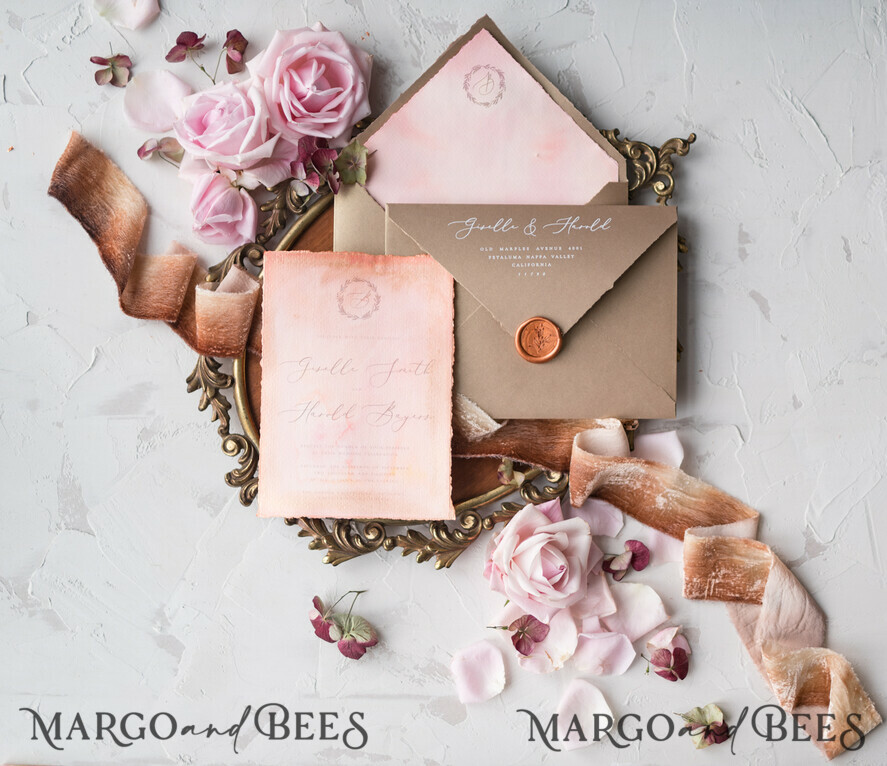 WEDDING INVITATIONS Elegant Invites Classic Cards HansPainted Wedding Invitations Fine Art BlushPink Stationery with HandMade Silk Bow and Wax Seal Gold Envelope