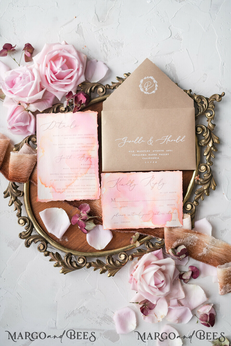WEDDING INVITATIONS Elegant Invites Classic Cards HansPainted Wedding Invitations Fine Art BlushPink Stationery with HandMade Silk Bow and Wax Seal Gold Envelope