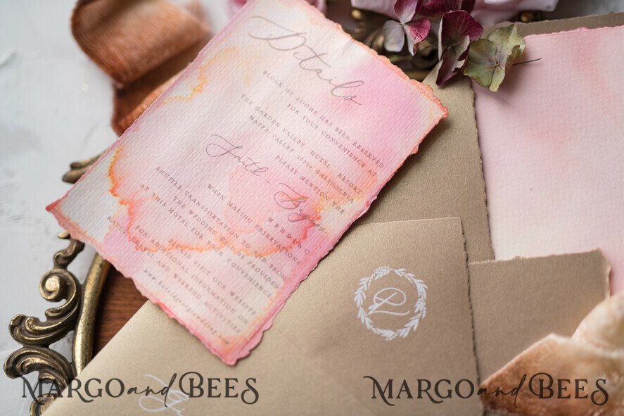 WEDDING INVITATIONS Elegant Invites Classic Cards HansPainted Wedding Invitations Fine Art BlushPink Stationery with HandMade Silk Bow and Wax Seal Gold Envelope