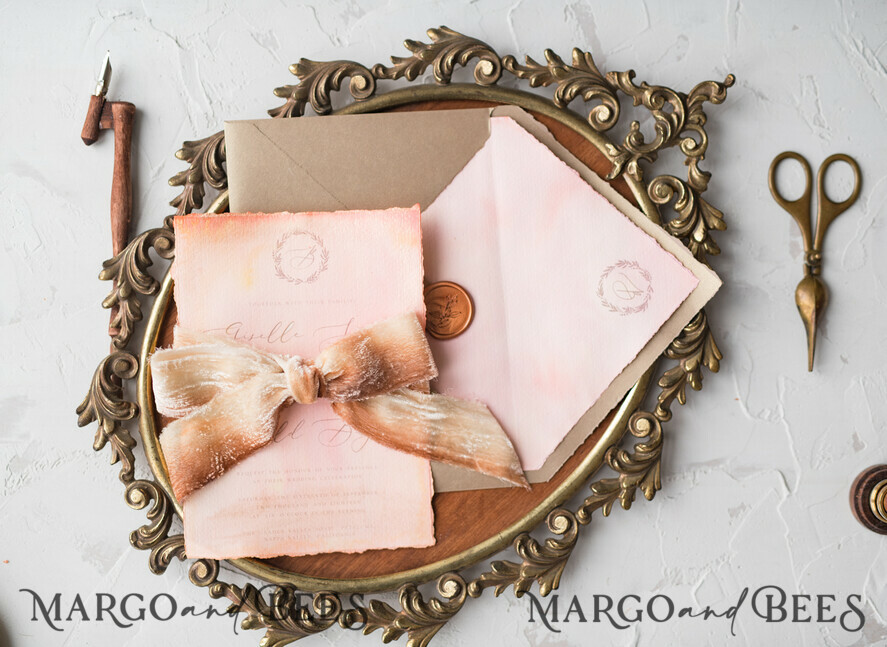 WEDDING INVITATIONS Elegant Invites Classic Cards HansPainted Wedding Invitations Fine Art BlushPink Stationery with HandMade Silk Bow and Wax Seal Gold Envelope