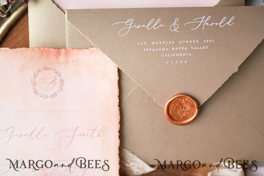 WEDDING INVITATIONS Elegant Invites Classic Cards HansPainted Wedding Invitations Fine Art BlushPink Stationery with HandMade Silk Bow and Wax Seal Gold Envelope