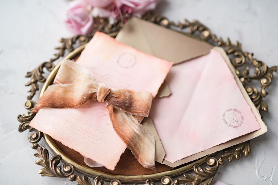 WEDDING INVITATIONS Elegant Invites Classic Cards HansPainted Wedding Invitations Fine Art BlushPink Stationery with HandMade Silk Bow and Wax Seal Gold Envelope