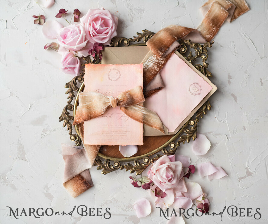 WEDDING INVITATIONS Elegant Invites Classic Cards HansPainted Wedding Invitations Fine Art BlushPink Stationery with HandMade Silk Bow and Wax Seal Gold Envelope