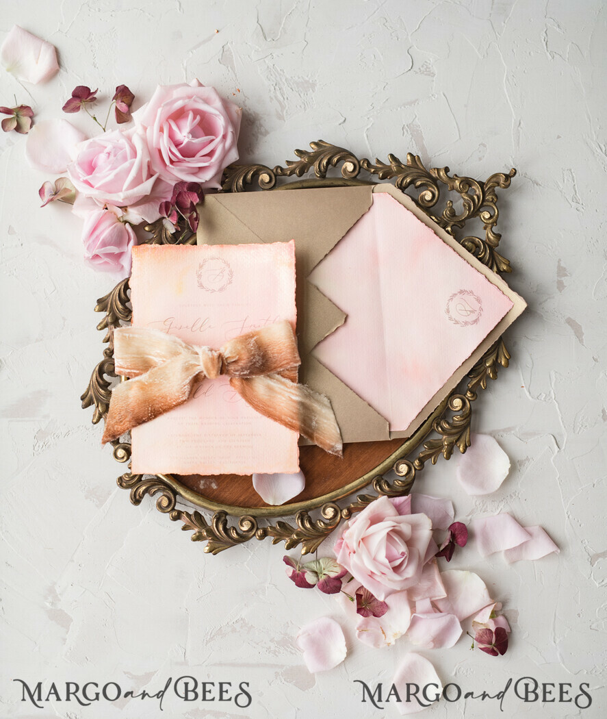 WEDDING INVITATIONS Elegant Invites Classic Cards HansPainted Wedding Invitations Fine Art BlushPink Stationery with HandMade Silk Bow and Wax Seal Gold Envelope