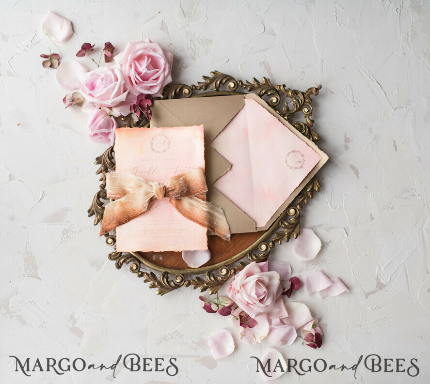 WEDDING INVITATIONS Elegant Invites Classic Cards HansPainted Wedding Invitations Fine Art BlushPink Stationery with HandMade Silk Bow and Wax Seal Gold Envelope