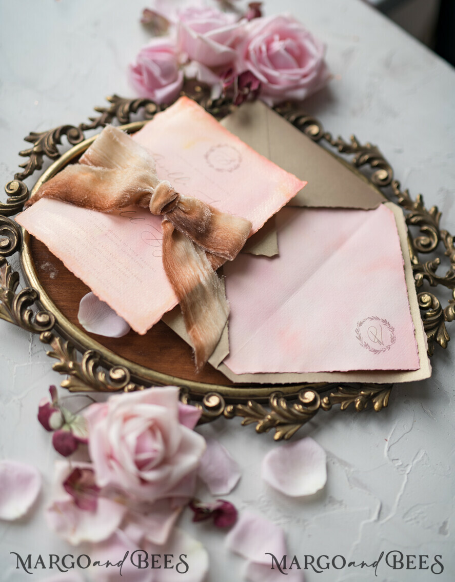 WEDDING INVITATIONS Elegant Invites Classic Cards HansPainted Wedding Invitations Fine Art BlushPink Stationery with HandMade Silk Bow and Wax Seal Gold Envelope