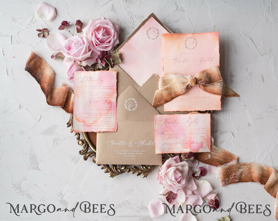 WEDDING INVITATIONS Elegant Invites Classic Cards HansPainted Wedding Invitations Fine Art BlushPink Stationery with HandMade Silk Bow and Wax Seal Gold Envelope