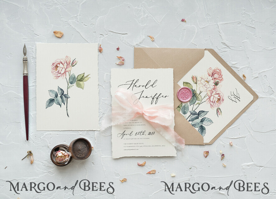 WEDDING INVITATIONS Elegant Invites Classic Cards Vintage Floral Wedding Invitations, Minimalistic Wedding Invites With Rose Flower, Delicate Wedding Cards With Hand Dyed Ribbon, Handmade Wedding Stationery