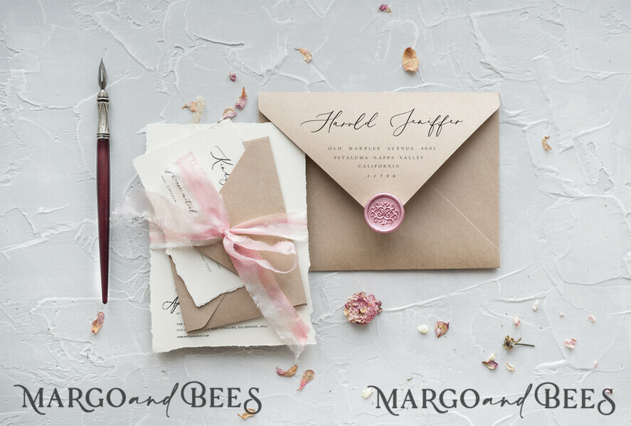 WEDDING INVITATIONS Elegant Invites Classic Cards Vintage Floral Wedding Invitations, Minimalistic Wedding Invites With Rose Flower, Delicate Wedding Cards With Hand Dyed Ribbon, Handmade Wedding Stationery