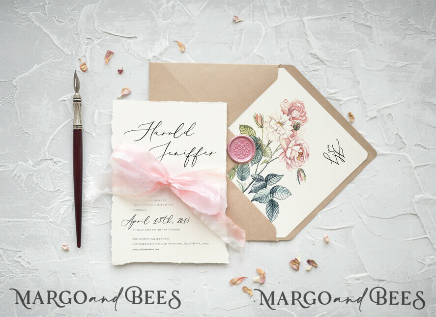WEDDING INVITATIONS Elegant Invites Classic Cards Vintage Floral Wedding Invitations, Minimalistic Wedding Invites With Rose Flower, Delicate Wedding Cards With Hand Dyed Ribbon, Handmade Wedding Stationery