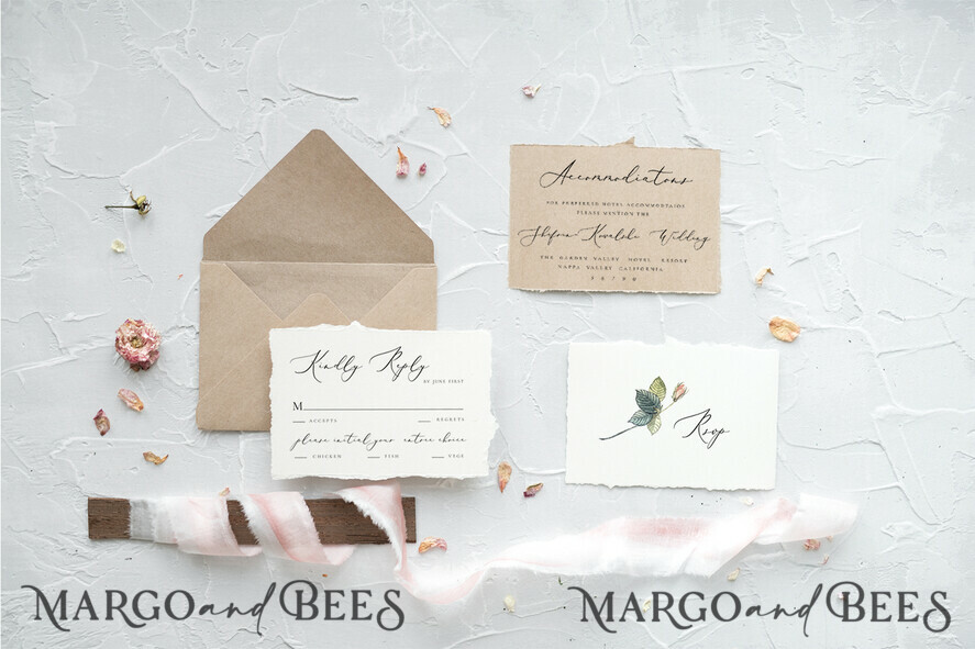WEDDING INVITATIONS Elegant Invites Classic Cards Vintage Floral Wedding Invitations, Minimalistic Wedding Invites With Rose Flower, Delicate Wedding Cards With Hand Dyed Ribbon, Handmade Wedding Stationery