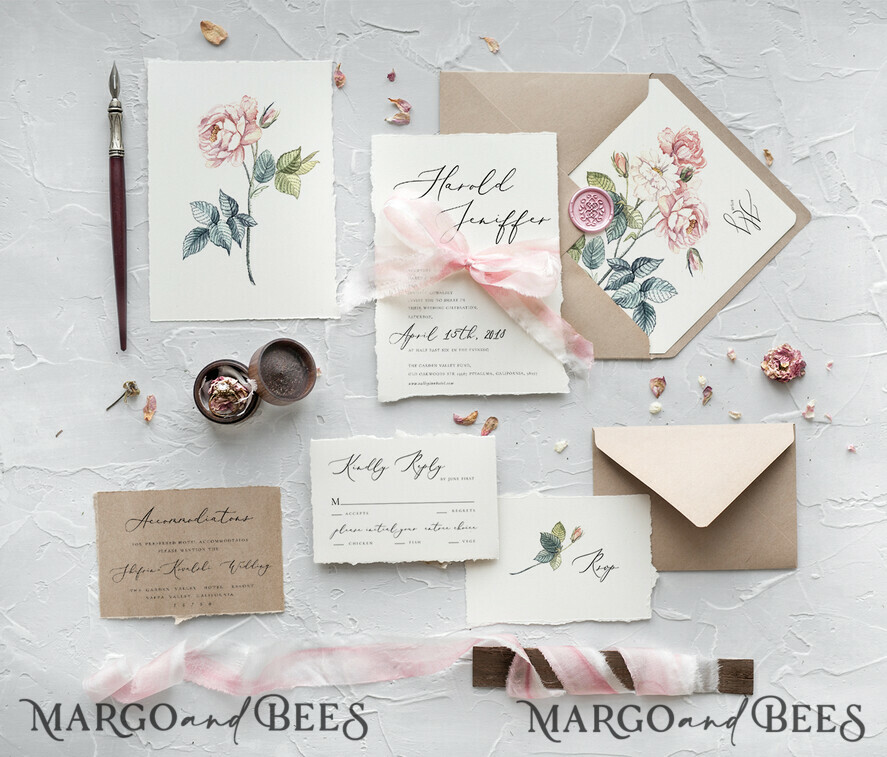 WEDDING INVITATIONS Elegant Invites Classic Cards Vintage Floral Wedding Invitations, Minimalistic Wedding Invites With Rose Flower, Delicate Wedding Cards With Hand Dyed Ribbon, Handmade Wedding Stationery