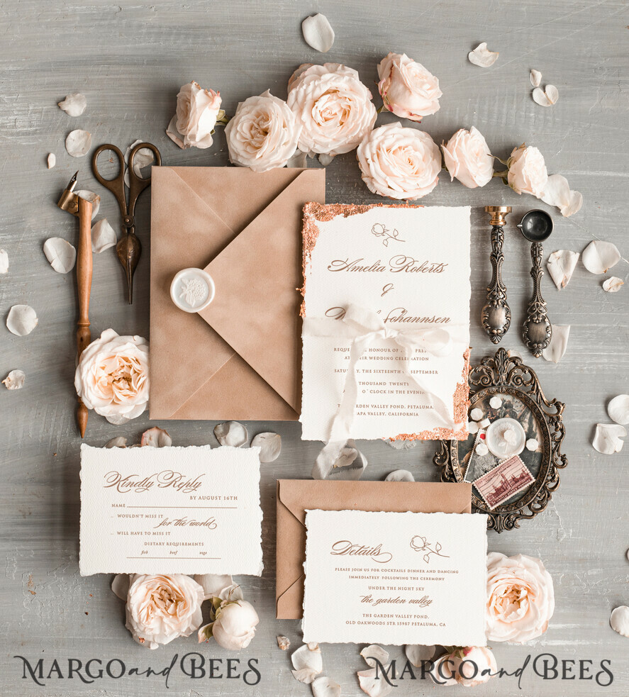 WEDDING INVITATIONS Elegant Invites Classic Cards Personalised wedding invitation velvet Beige Envelope, Elegant wedding invitations, Fine Art Wedding Invitation Suite , Golden deckled edge paper wedding Invites