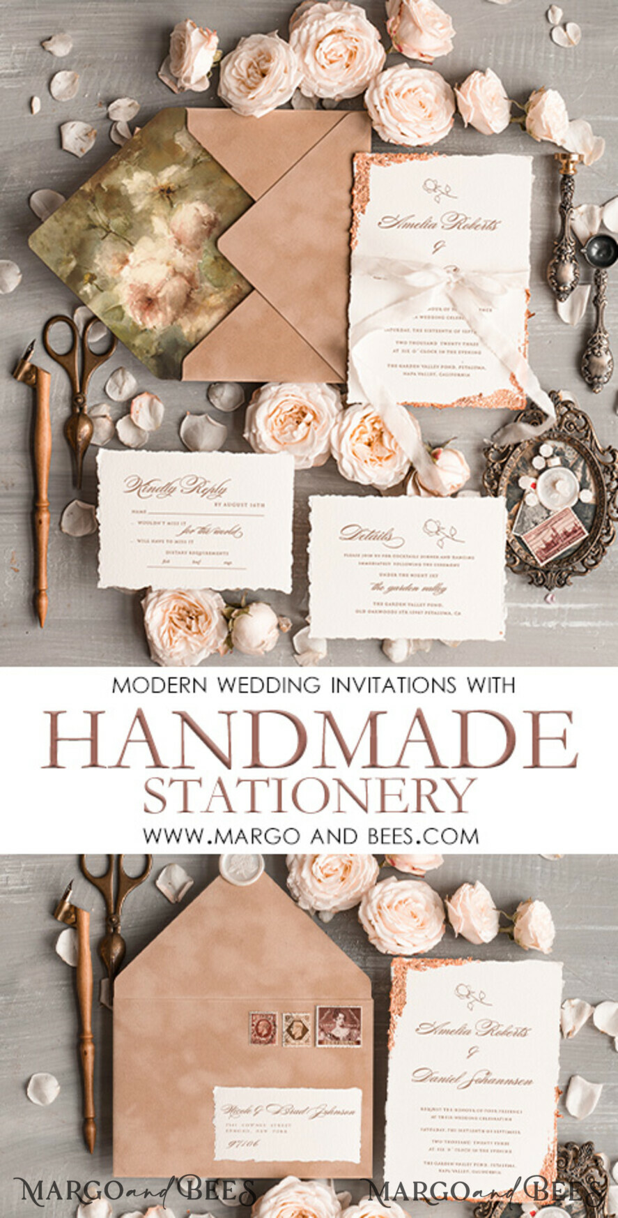 WEDDING INVITATIONS Elegant Invites Classic Cards Personalised wedding invitation velvet Beige Envelope, Elegant wedding invitations, Fine Art Wedding Invitation Suite , Golden deckled edge paper wedding Invites