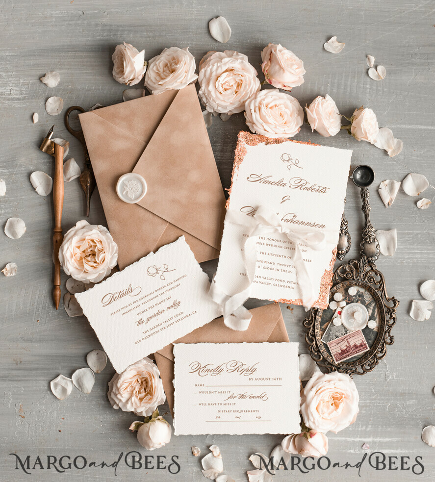 WEDDING INVITATIONS Elegant Invites Classic Cards Personalised wedding invitation velvet Beige Envelope, Elegant wedding invitations, Fine Art Wedding Invitation Suite , Golden deckled edge paper wedding Invites