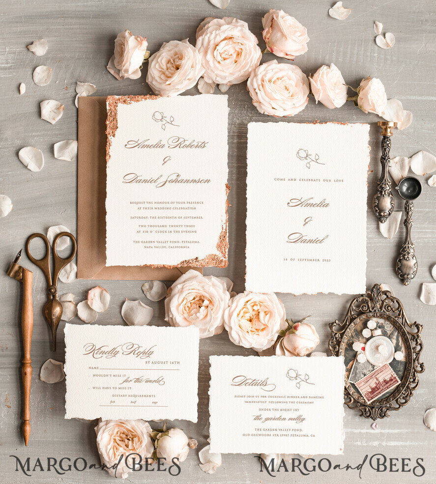 WEDDING INVITATIONS Elegant Invites Classic Cards Personalised wedding invitation velvet Beige Envelope, Elegant wedding invitations, Fine Art Wedding Invitation Suite , Golden deckled edge paper wedding Invites