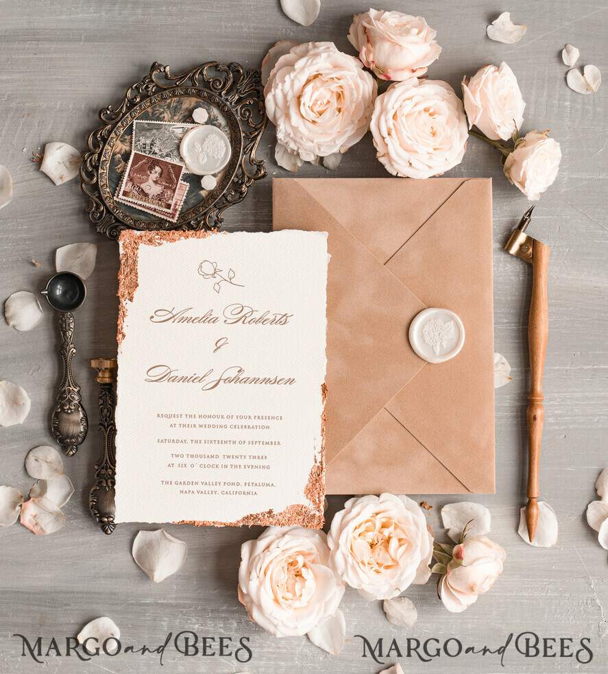 WEDDING INVITATIONS Elegant Invites Classic Cards Personalised wedding invitation velvet Beige Envelope, Elegant wedding invitations, Fine Art Wedding Invitation Suite , Golden deckled edge paper wedding Invites