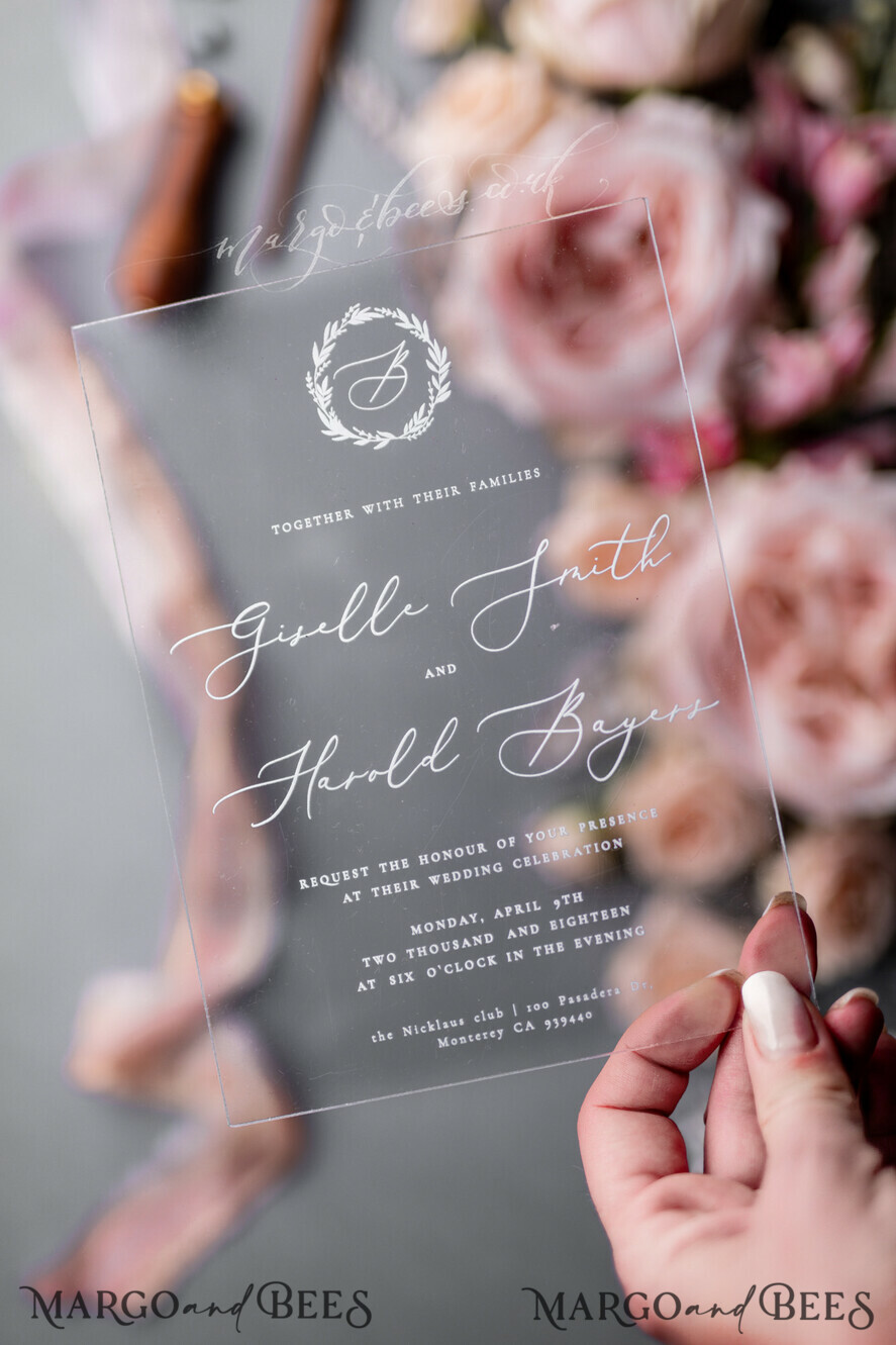 WEDDING INVITATIONS Elegant Invites Classic Cards Luxury Acrylic Plexi Wedding Invitations, Romantic Blush Pink Wedding Invites, Elegant Light Grey Wedding Cards With Vellum Cover, Vintage Handmade Wedding Stationery